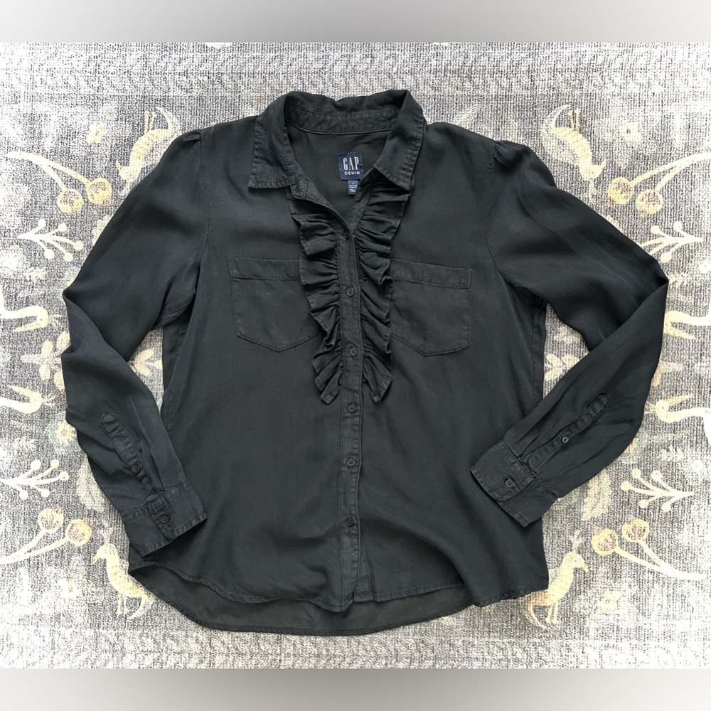 Gap Ruffle Front Black Button Down Top - image 1